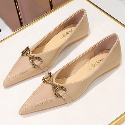 Luxury Metal Buckle Women Flats Lady Sexy Evening Party Shoes Patent Leather Flat Shoes Women Sharp Pointed Flat Heel Shoes 2026