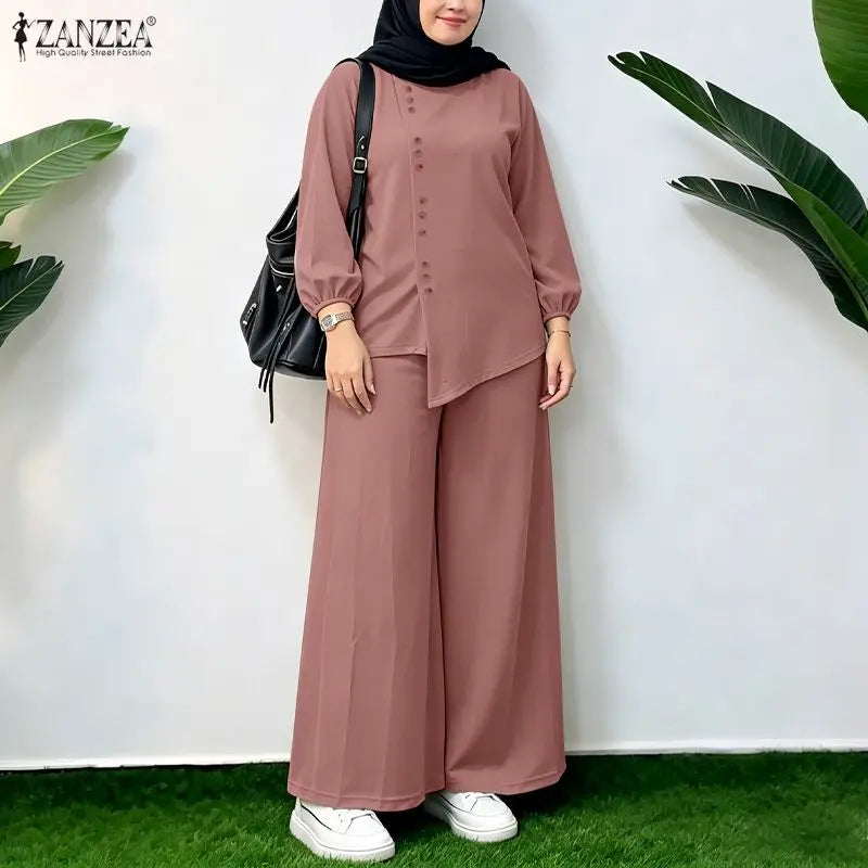 ZANZEA 2026 Summer Women Long Sleeve Irregular Blouse Wide Leg Pant Sets Muslim 2 Piece Sets Solid Color Work Outfits Tracksuit