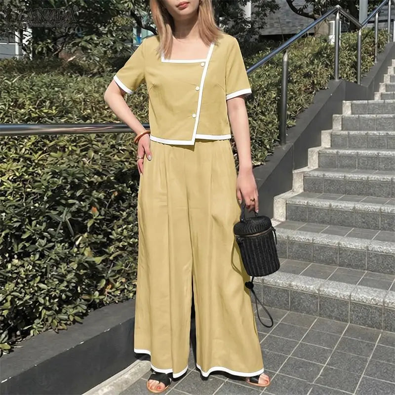 2026 Summer Short Sleeve Blouse Pant Sets ZANZEA Fashion Women 2 Pieces Sets Casual Patchwork Work Outfit Wide Leg Trousers Suit