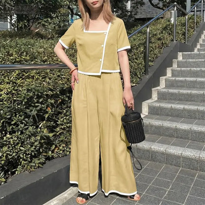 2026 Summer Short Sleeve Blouse Pant Sets ZANZEA Fashion Women 2 Pieces Sets Casual Patchwork Work Outfit Wide Leg Trousers Suit