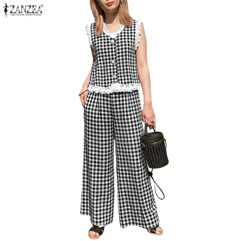 ZANZEA Women's Vintage Casual Pant Sets Wide-Leg Pant & Lace Trim Vests Tops Gingham 2 Pieces Sets Summer Pant Suits Outfits