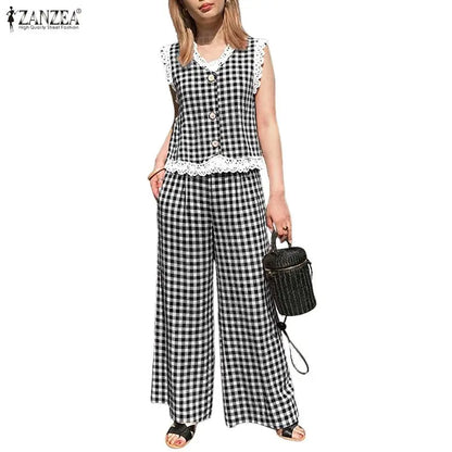ZANZEA Women's Vintage Casual Pant Sets Wide-Leg Pant & Lace Trim Vests Tops Gingham 2 Pieces Sets Summer Pant Suits Outfits