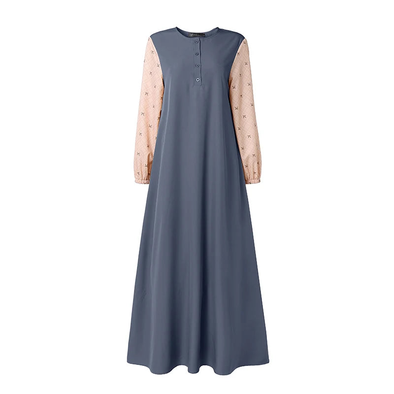 ZANZEA Women Patchwork Muslim Abaya Maxi Dresses Casual O Neck Long Sleeve Loose Ramadan Sundress Kaftan Hijab Dress Robe Femme