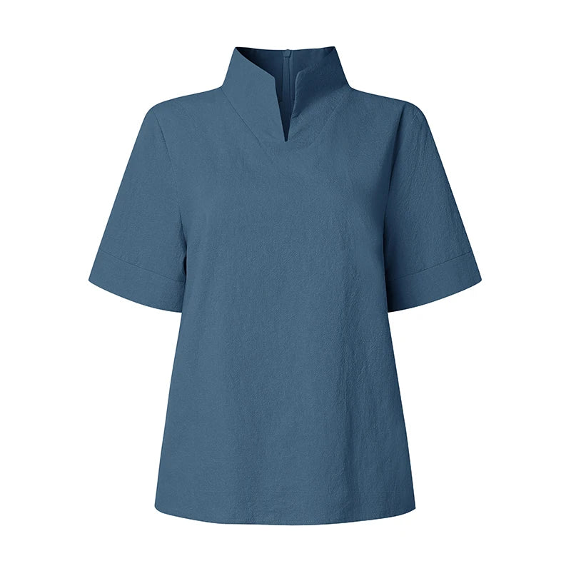 ZANZEA Fashion Cotton Linen Blouses Woman Stand Collar Back Zipper Short Sleeve Solid Tops Summer Minimalist Thin Blusas Mujer