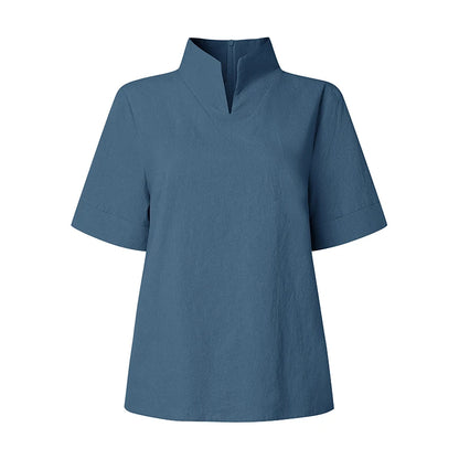 ZANZEA Fashion Cotton Linen Blouses Woman Stand Collar Back Zipper Short Sleeve Solid Tops Summer Minimalist Thin Blusas Mujer