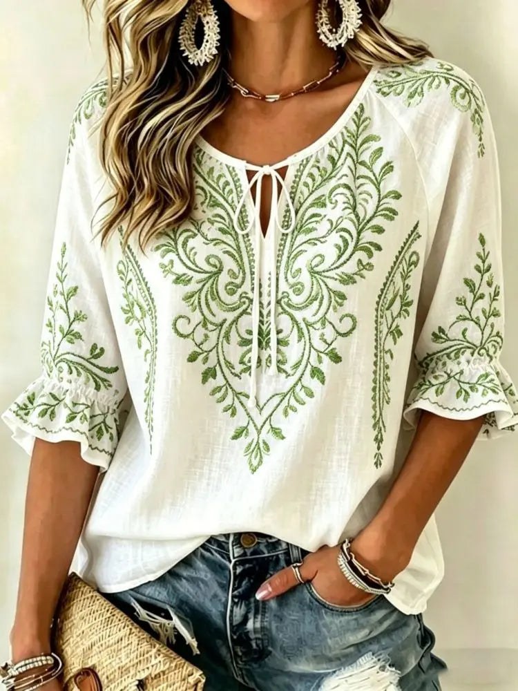 Women's White Colorful Floral Embroidered Tie Neck Blouse, Casual Loose Tops for Spring Summer Daily Wear & Vacation Occasions