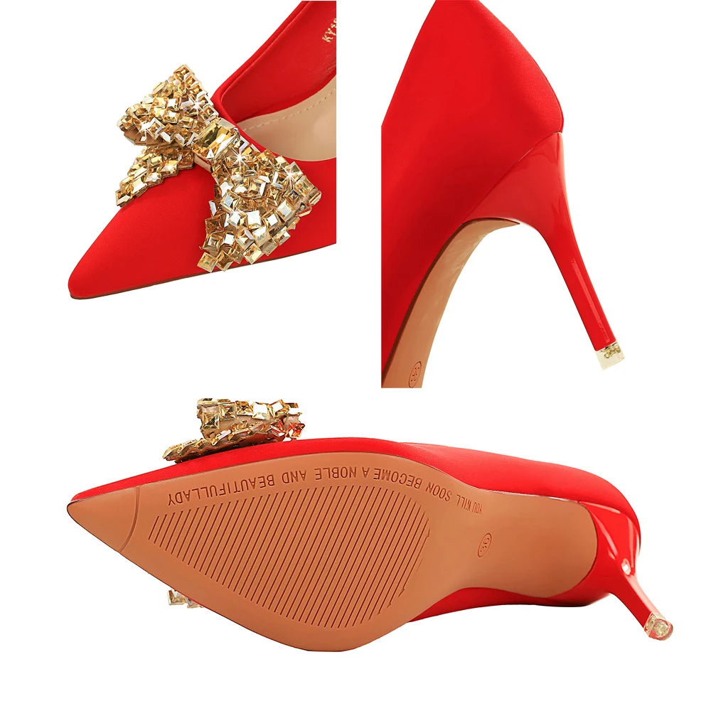 Women 7.5 cm 10.5 cm Heels Rhinestone Bow Women Pumps Silks Satins High Heels Stiletto Luxury Banquet Shoes Large Size 42 43