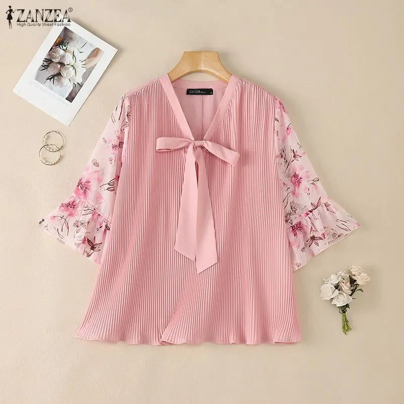 ZANZEA Women Elegant Plisse Blouses Floral Printed 3/4 Flared Sleeve Tops Summer Casual Loose Bow Detail V-Neck Blusas de Mujer