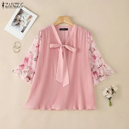 ZANZEA Women Elegant Plisse Blouses Floral Printed 3/4 Flared Sleeve Tops Summer Casual Loose Bow Detail V-Neck Blusas de Mujer
