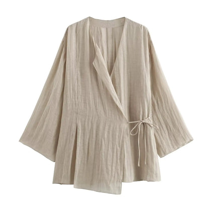 HH 2025 Spring Women Fashion Linen Suits New Solid Cardigan Kimono Top + Versatile Outerwear Female Wide Leg Long Pant