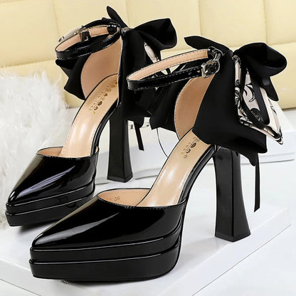 BIGTREE Shoes Big Bowknot Design Women Pumps Patent Leather Ultra High Heels Platform Pumps 11.5 CM Buckle High-heeled Sandals