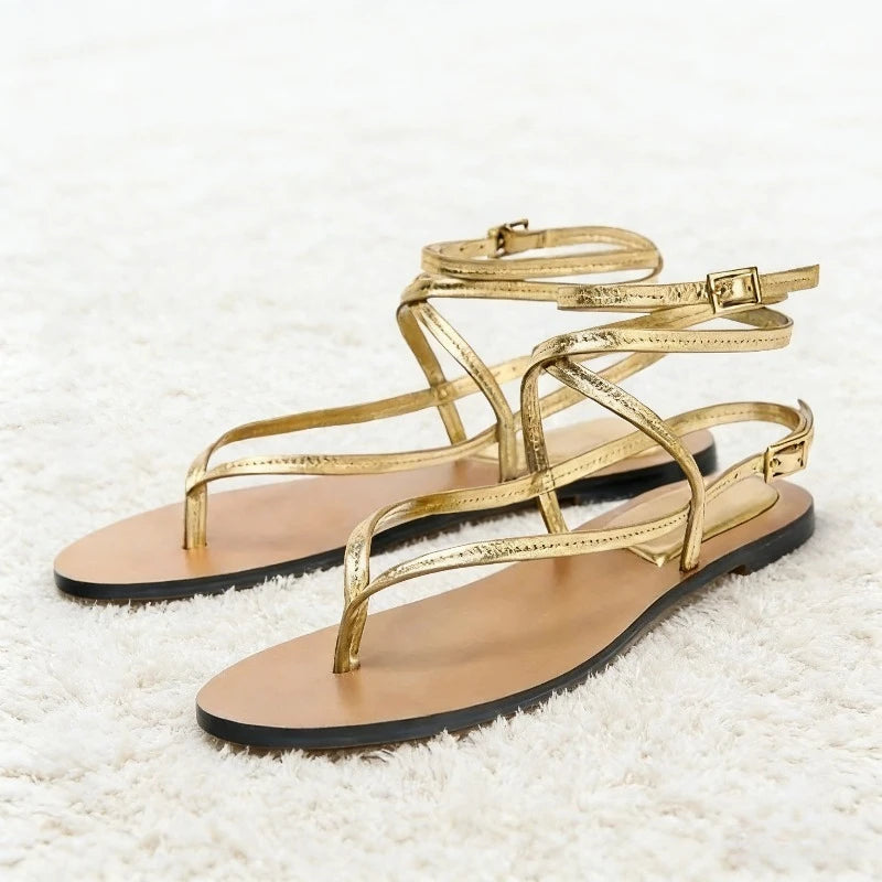 Sexy Gold Ankle Strap Buckle Flat Sandals Women Lightweight Comfort Flip Flops Luxury Designer Cross Strap Summer Shoe Sandalias