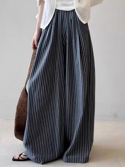Summer Wide Leg Pants Women Loose Slimming Lazy Stripe Floor-Length Trousers Trendy High Waist Casual Style Breathable Skin-F...