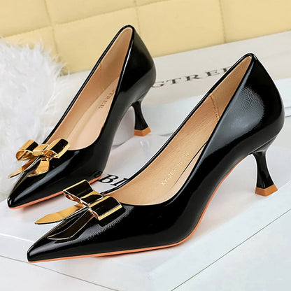 BIGTREE Shoes Metal Bowknot Women Pumps Patent Leather Kitten High Heels 5.5 Cm Comfortable Low Heeled Shoes Large Size 43