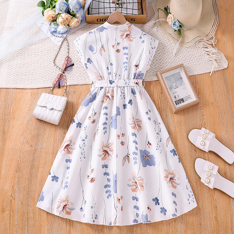 Kids Dress For  8-12 Years Girls White Crew Neck Sleeveless Floral Dress & Belt Elegant Beach Holiday Children's Clothing