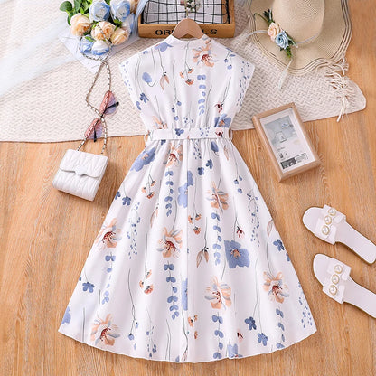 Kids Dress For  8-12 Years Girls White Crew Neck Sleeveless Floral Dress & Belt Elegant Beach Holiday Children's Clothing