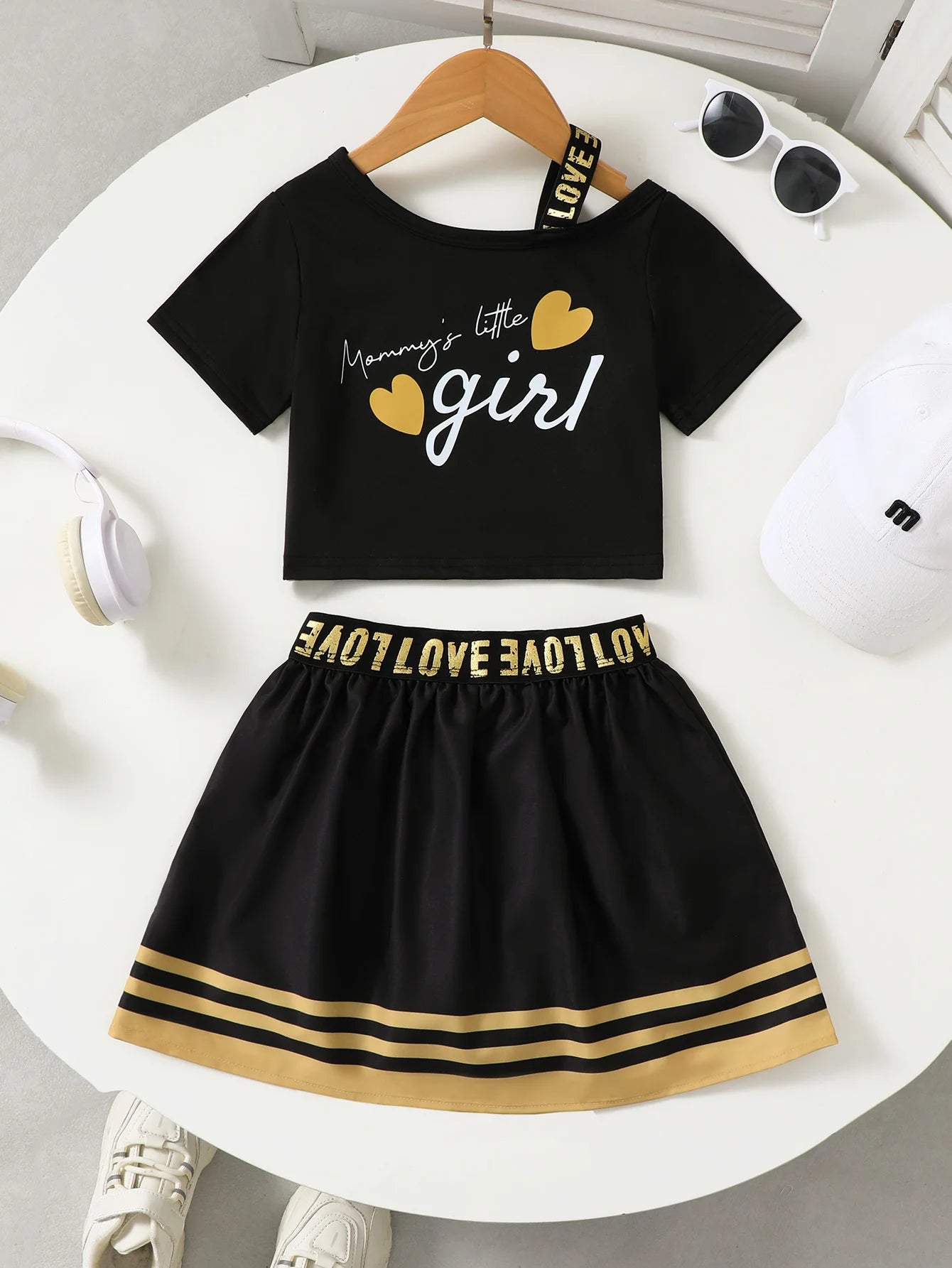 2pcs Girls' Elastic Strap Short Sleeve + Sports Skirt Set Spring Summer Casual Wear Fashionable Girls' Outfit