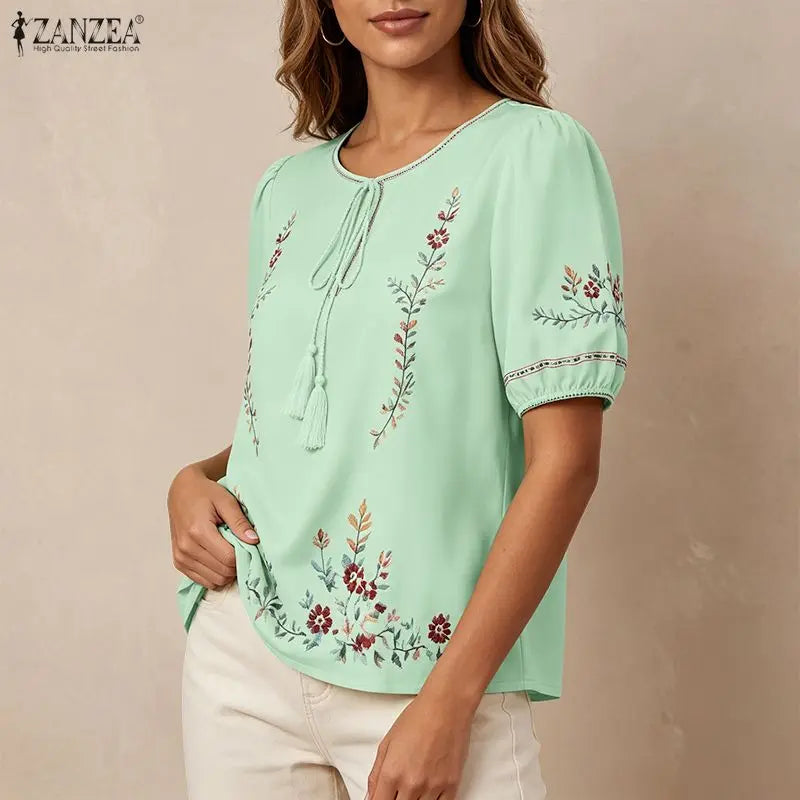 ZANZEA Fashion Summer Blouses Casual Short Sleeve Blusas Women Blouse Floral Print Tops OL Work Party Tunic Streetwear Oversize