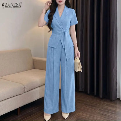 ZANZEA Women Summer Pant Sets 2PCS Solid Color Short Sleeve Tops Long Pants Matching Sets Streetwear Two-piece Outfits Female