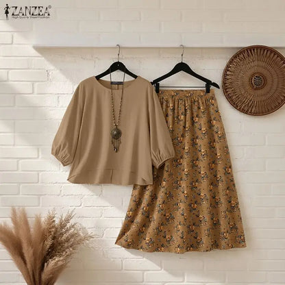 ZANZEA Autumn Bohemian Outfits Women 2 Pieces Sets 3/4 Lantern Sleeve Blouse Floral Print A-Line Maxi Skirt Casual Holiday Suit