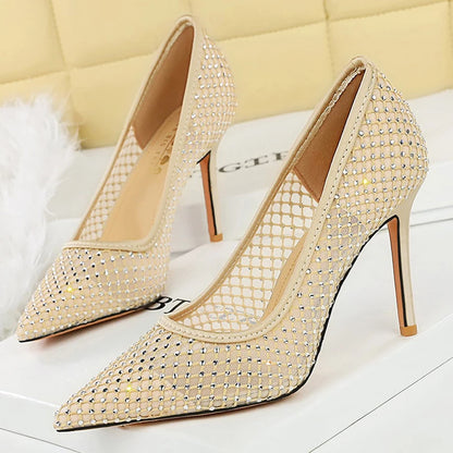 Luxury Rhinestone Mesh Women Pumps Fashion Dress Wedding Shoes High Heels Stilettos 9.5 CM Sexy Party Shoes New Ladies Pumps