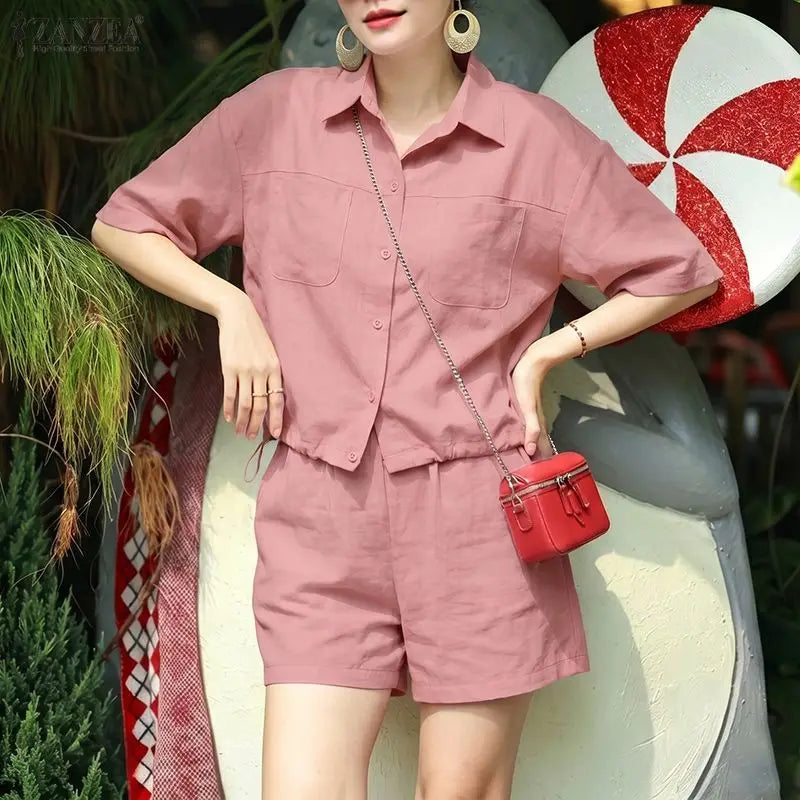 ZANZEA Women Minimalist 2-Piece Sets Casual Short Sleeve Shirts & Elastic Waist Shorts Matching Sets Summer Commute Work Co-ords