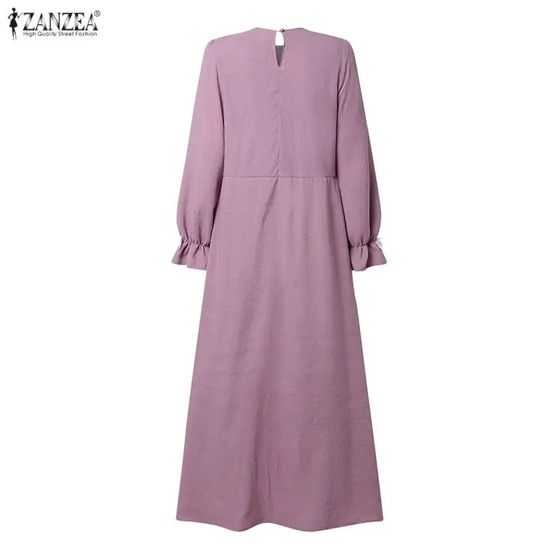 Elegant Muslim Dresses 2026 ZANZEA Ramadan Abaya Women Elegant O Neck Long Sleeve Bows Sundress Dubai Robe Femme Hijab Vestidos