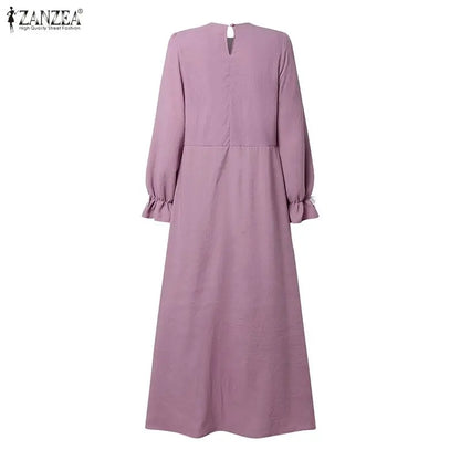 Elegant Muslim Dresses 2026 ZANZEA Ramadan Abaya Women Elegant O Neck Long Sleeve Bows Sundress Dubai Robe Femme Hijab Vestidos