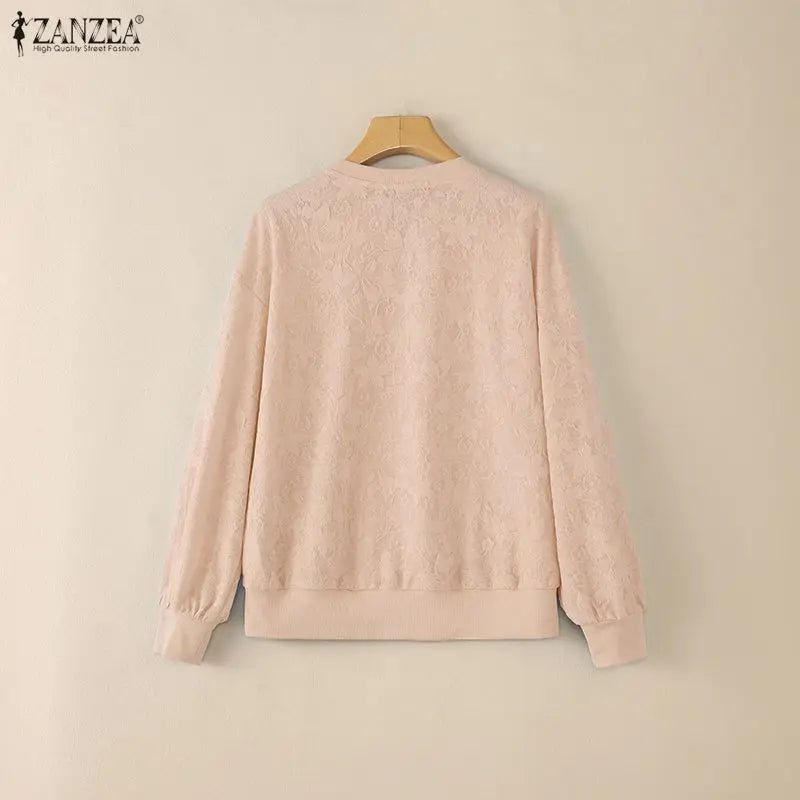 ZANZEA Women's Elegant Floral Jacquard Sheer Blouses O-Neck Long Sleeve Solid Color Pullover Tops Casual Loose Woman Clothes 3XL