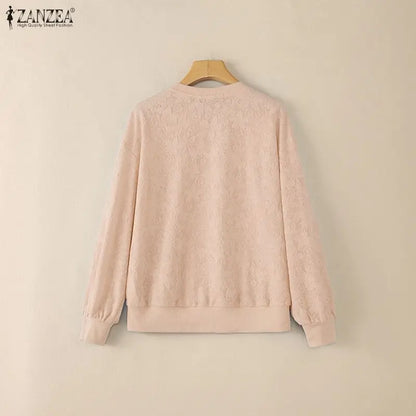 ZANZEA Women's Elegant Floral Jacquard Sheer Blouses O-Neck Long Sleeve Solid Color Pullover Tops Casual Loose Woman Clothes 3XL