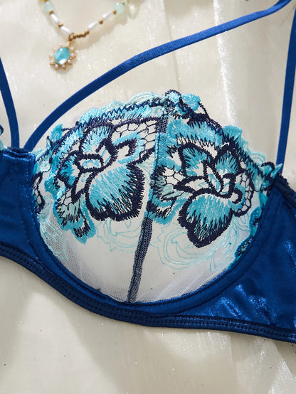 Vintage Blue Satin Lingerie Set Contrast Floral Embroidery Sheer Mesh Underwire Bra Adjustable Strap Thong Panties For Women
