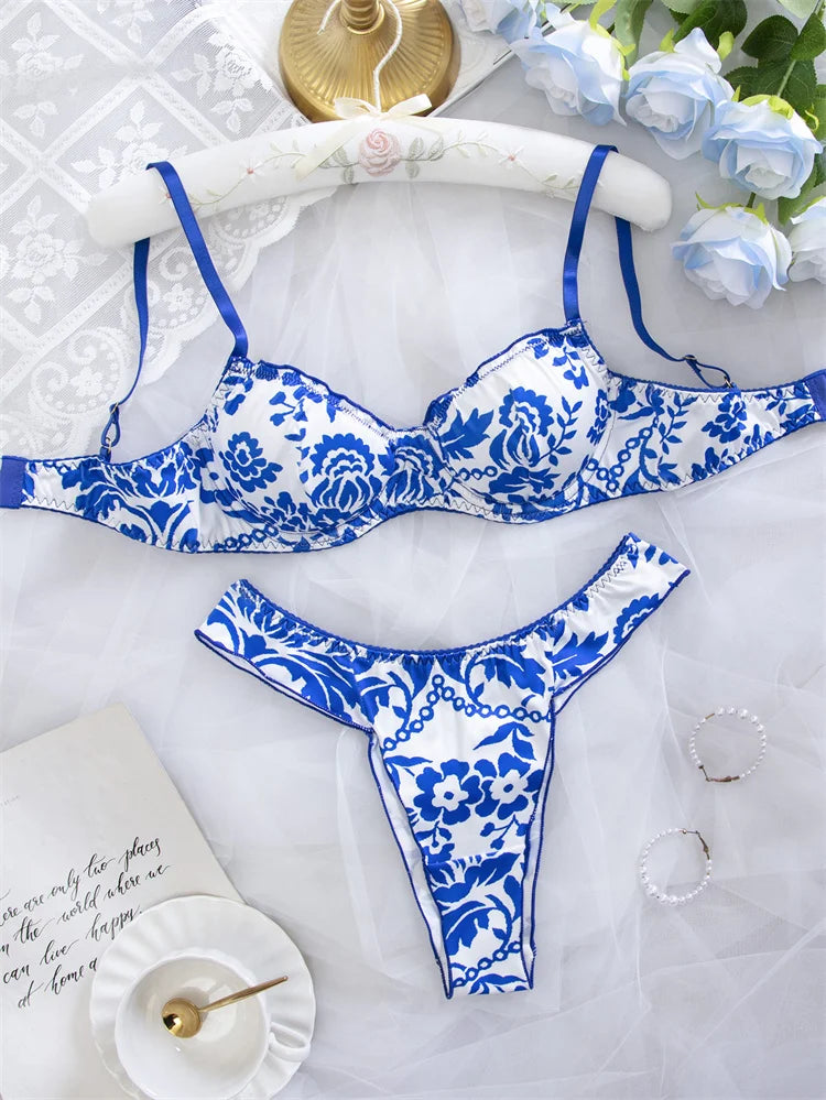 Women's Lingerie Blue Floral Print Bra Panty Set Elegant Intimate Underwear Breathable Gather Bra Comfortable Daily Lingerie Set