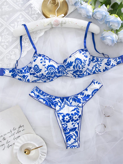 Women's Lingerie Blue Floral Print Bra Panty Set Elegant Intimate Underwear Breathable Gather Bra Comfortable Daily Lingerie Set