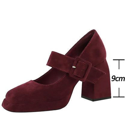BIGTREE Shoes Spring Chunky Women Pumps Belt Buckle High Heels Square Headed Platform Heels Suede Block Heels Ladies Shoes New