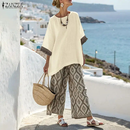 ZANZEA Spring 2 Pieces Sets Bohemain Tracksuit 2026 Women Stylish Printed Pant Sets 3/4 Sleeve Blouse Trousers Holiday Outfits