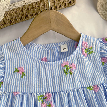 Girl Casual Dress New Fashion Flower Embroidered Striped Flying Sleeve Dress Girls Sweete Vestidos Kids Clothes