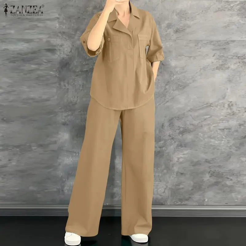 ZANZEA Women's Casual Pant Sets 2026 Summer Loose Half Sleeve Collared Blouses and Wide Leg Pants 2pcs Suits Woman Outfit S-3XL
