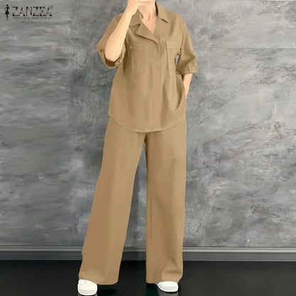 ZANZEA Women's Casual Pant Sets 2026 Summer Loose Half Sleeve Collared Blouses and Wide Leg Pants 2pcs Suits Woman Outfit S-3XL