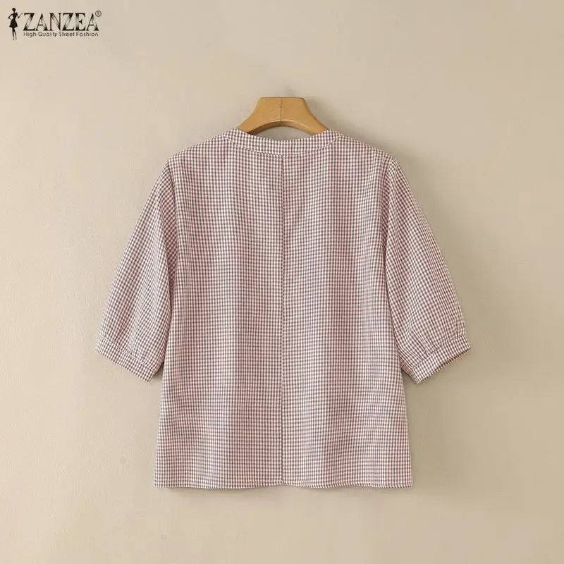 ZANZEA Woman Casual Gingham Blouses V-Neck Half-Button 3/4 Sleeve Plaid Loose Tops 2026 Summer Daily Wear Blusas Mujer 3XL