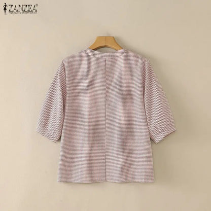 ZANZEA Woman Casual Gingham Blouses V-Neck Half-Button 3/4 Sleeve Plaid Loose Tops 2026 Summer Daily Wear Blusas Mujer 3XL