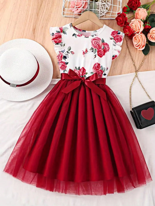 2026 Summer New Collection, Children's and Women's Clothing, Small Flying Sleeve Printed Round Neck Cute Plush Dress
