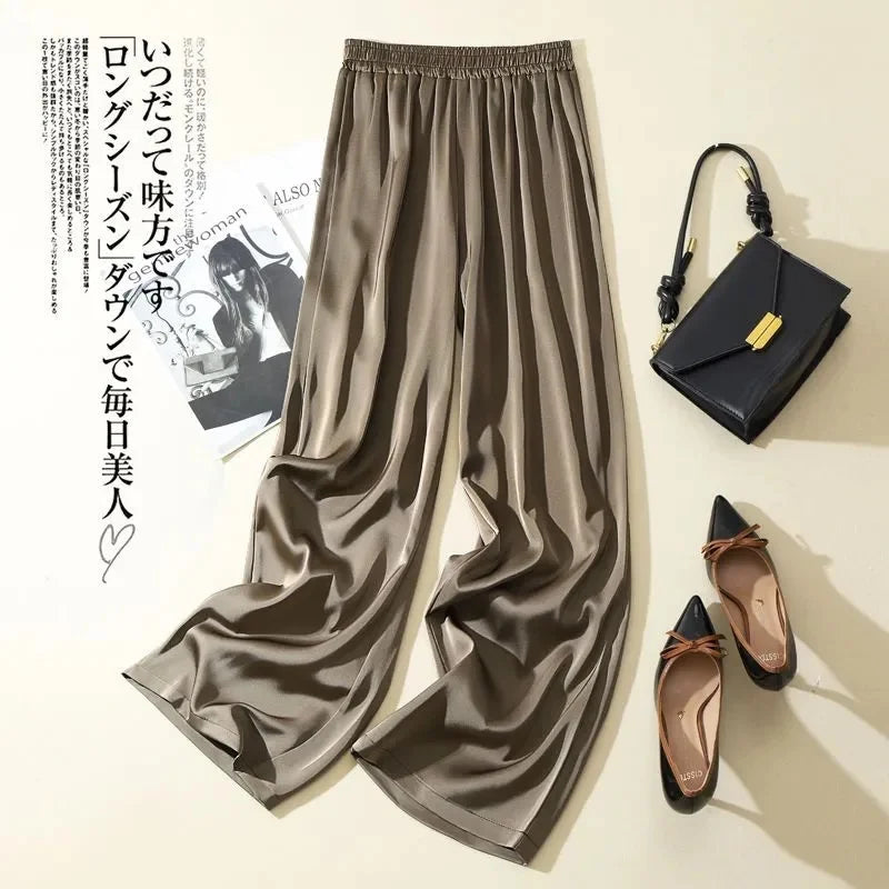 Summer Women Pants Ice Silk Triacetate Pants Lady Baggy Versatile Elastic Straight Leg Trousers Female Wide Leg High Waisted Pan