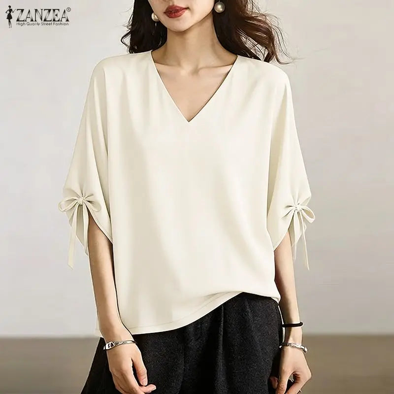 ZANZEA Woman Summer Loose Blouses Casual V-Neck Half Sleeve Tied Cuffs Solid Color Tops Fashion Daily Streetwear Blusas Mujer