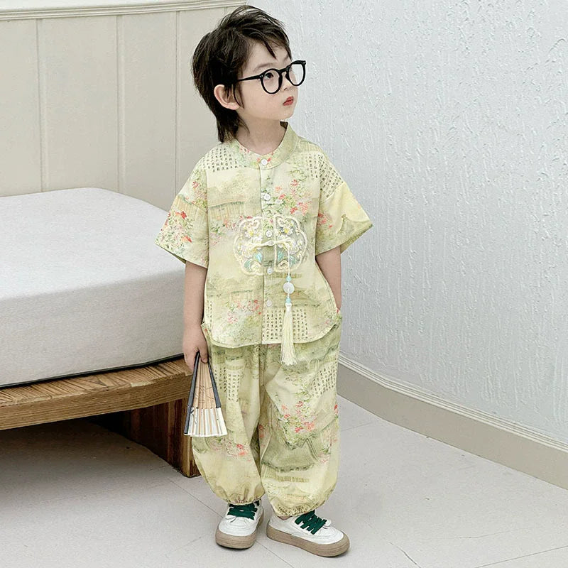 Short Sleeve Tops Shorts 2 Piece Set Boy Outfit Casual Kids Clothes Baby Tang Hanfu Suit Boys Costume Children's Sets Summer