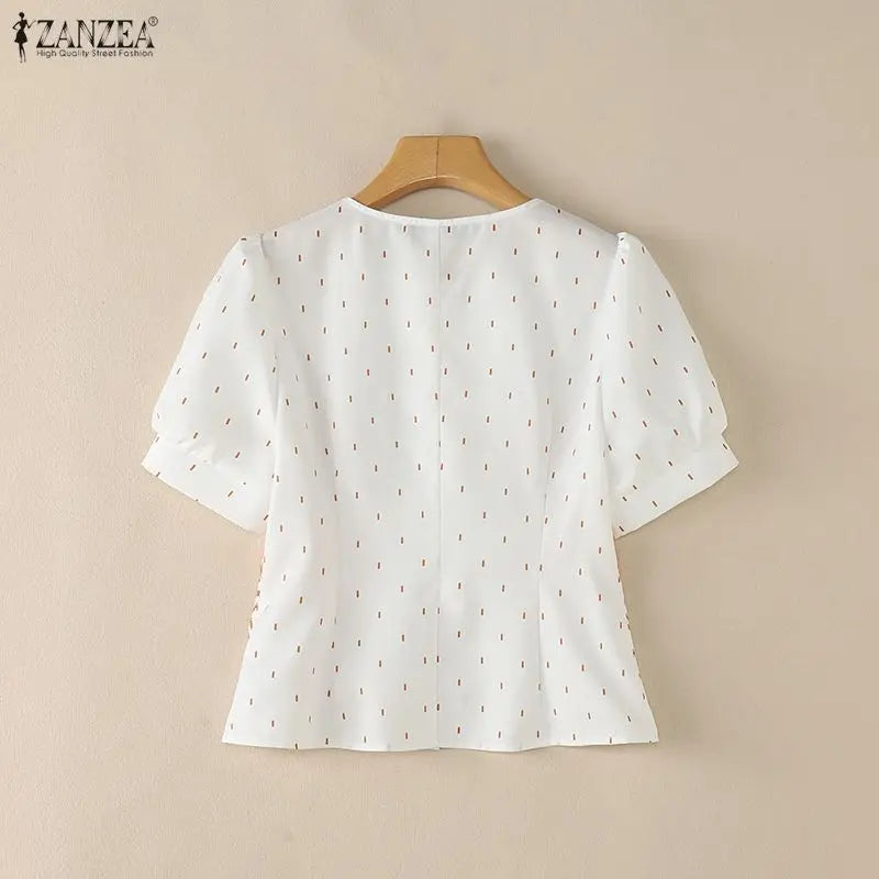 ZANZEA Elegant Ethnic Style Printing Blouses Woman Short Puff Sleeve Button Up O-Neck Shirts Summer Fitted Waist Blusas de Mujer