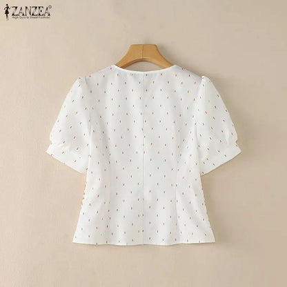 ZANZEA Elegant Ethnic Style Printing Blouses Woman Short Puff Sleeve Button Up O-Neck Shirts Summer Fitted Waist Blusas de Mujer