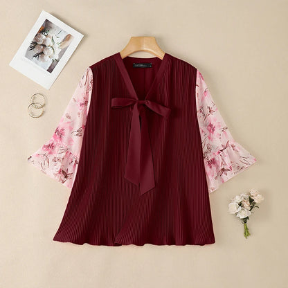 ZANZEA Women Elegant Plisse Blouses Floral Printed 3/4 Flared Sleeve Tops Summer Casual Loose Bow Detail V-Neck Blusas de Mujer