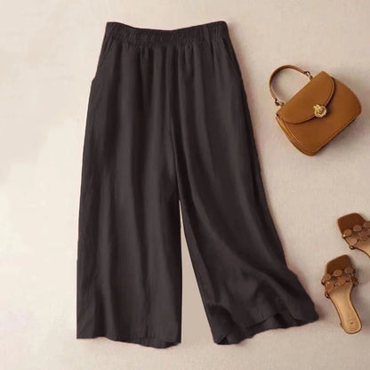 Cotton Linen Wide Leg Pants Women Summer New Loose Straight Nine Points Thin Casual Big Foot Pants High Waist Pocket Detail