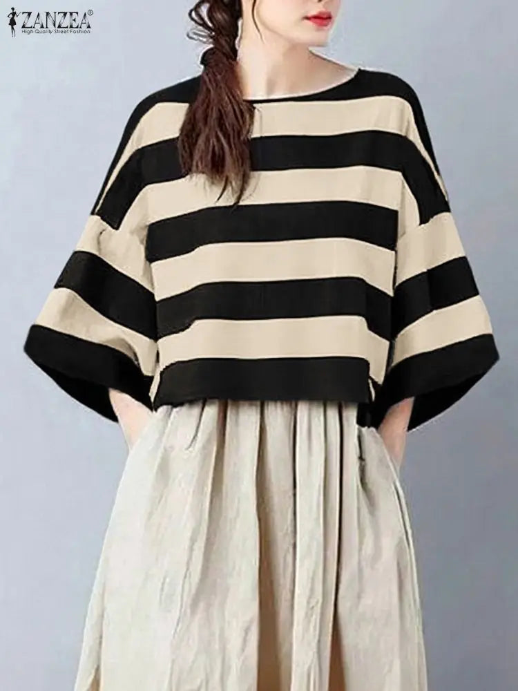 ZANZEA Oversize Contrast-Color Striped Blouses Women Casual Boatneck Drop-Shoulder 3/4 Sleeve Loose Tops Woman Clothes S-3XL