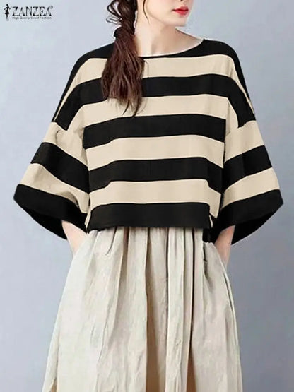 ZANZEA Oversize Contrast-Color Striped Blouses Women Casual Boatneck Drop-Shoulder 3/4 Sleeve Loose Tops Woman Clothes S-3XL